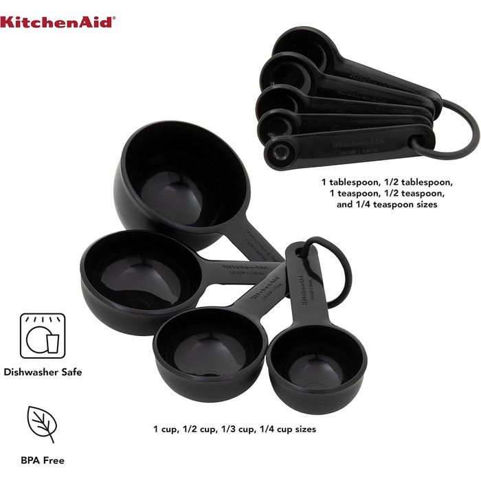 KitchenAid Universal Measuring Cup and Spoon Set, 1/4, 1/2, 1/3 and 1 cup sizes and 1 tablespoon, 1/2 tablespoon, 1 teaspoon, 1/2 teaspoon, and 1/4 teaspoon, dishwasher safe, 9 pieces, black