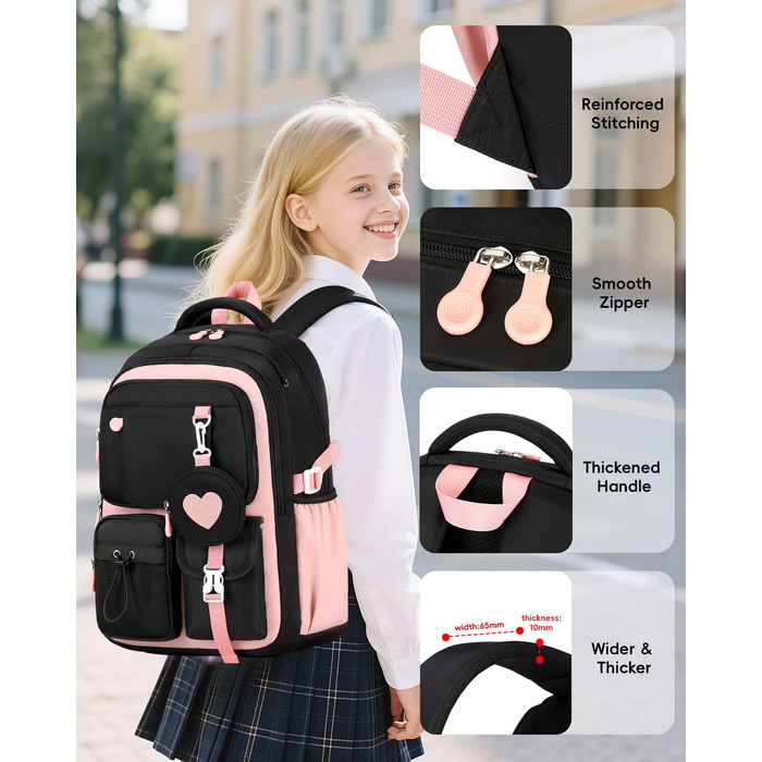 Шкільний рюкзак для дівчаток Tanou: стильний, зручний, з дихаючої тканини Oxford (3-5 клас, чорно-рожевий)