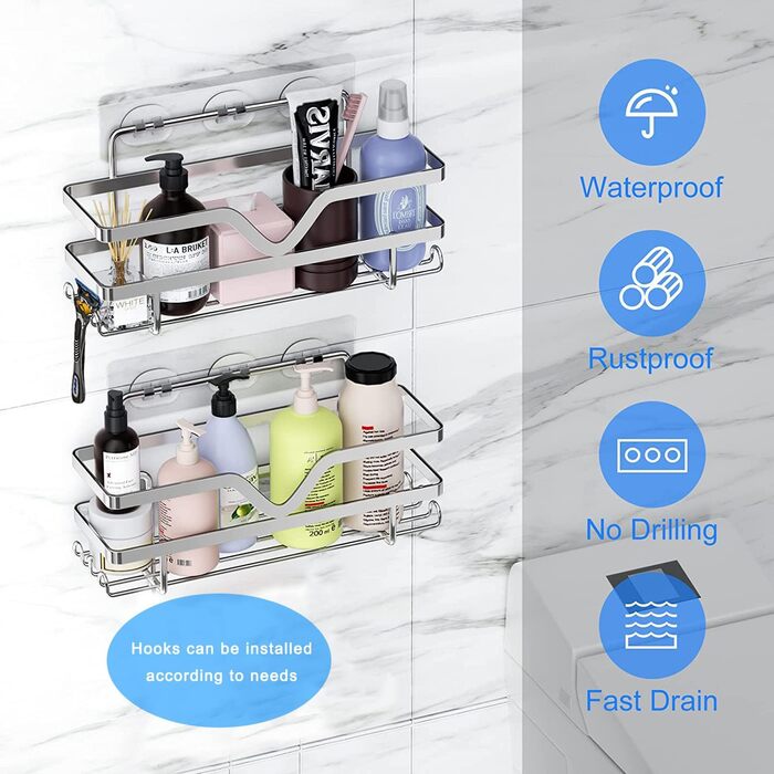Двопакетна поличка для душу ASelected, органайзер для ванної кімнати без свердління, полиця для душу/кухні з тримачем для бритви, міцна нержавіюча сталь, 4 гачки, сріблястого кольору