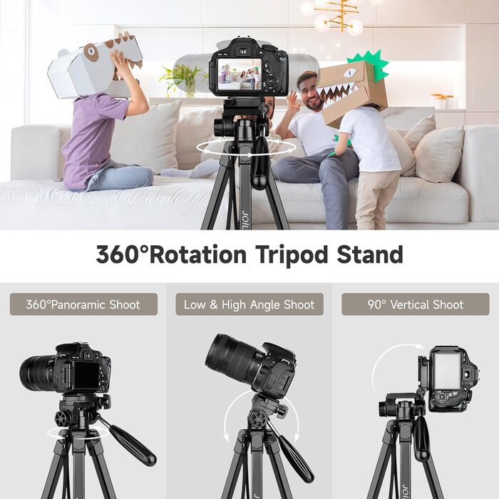 Штатив для камери JOILCAN 210.8 см: легкий трипод для смартфона, камери та селфі-палки з кульковою головкою 360° та пультом дистанційного керування. Алюмінієвий штатив з триножиною для Canon, Nikon, DSLR. Чорний.