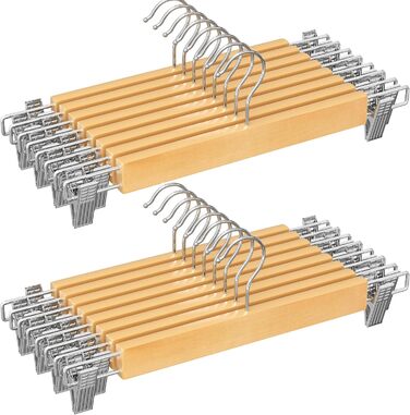 SONGMICS Набір вішалок для штанів з дерева, 16 шт., для штанів, шортів та спідниць, з регульованими кліпсами, антиковзкі, CRW009N16