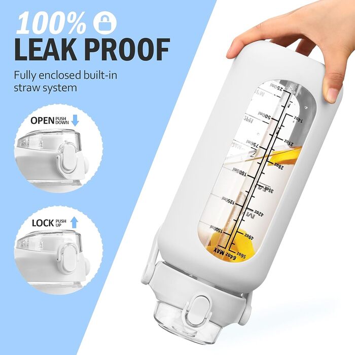2L Glass Water Bottle with 2 Lids Flip and Tumble Lid 2 Liter Large Water Jug with Time Marker and Silicone Sleeve BPA-Free Leak-Proof for Sports Gym, (White)