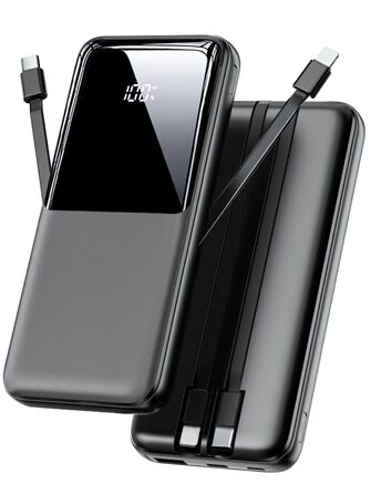 Power Bank 26800mAh, 22,5W з 3 портами USB та 2 вбудованими кабелями, чорний. Сумісний з iPhone та Android