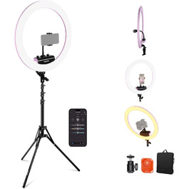 NEEWER Комплект кільцевого світла для фото та відео: 48 см, 52 Вт, регульоване LED світло, штатив, Bluetooth, рожевий (RP18B Pro)