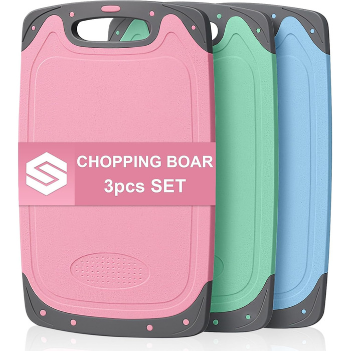Набір з 3 дерев'яних обробних дощок з пластику, великі, кухонні, з антибактеріальним покриттям, з жолобом для соку та пресом для часнику, червоного, жовтого, зеленого кольорів