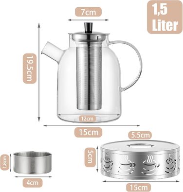 Чайник скляний HEMOLY 1,8L з підставкою, з ситечком для листового чаю та пакетиків