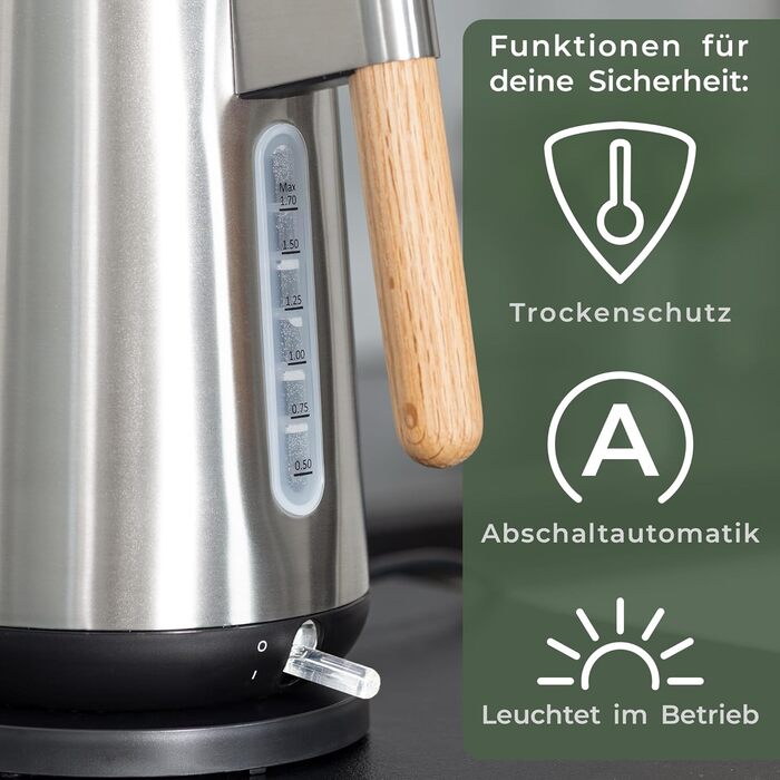 WALDWERK Design Kettle - 3000 Watts - 1.7L - Stainless Steel Kettle - Kettle with Genuine Oak Wood Handles and Rust-Resistant 304 Stainless Steel. Stainless Steel and Wood Kettle