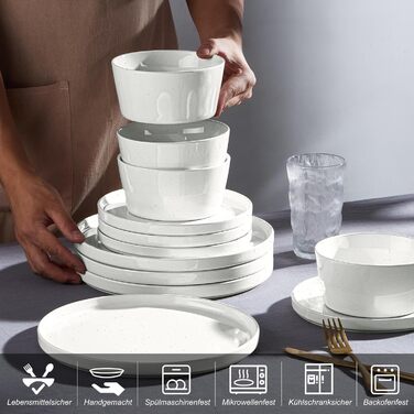 Набір посуду Homikit на 6 осіб: тарілки, миски, десертні тарілки, тарілки для їжі, з реактивною глазур’ю, кераміка, безпечний у мікрохвильовці та посудомийній машині, білий, 18 шт.