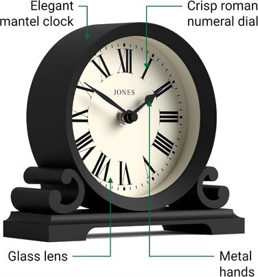 JONES CLOCKS® Saloon Table Clock | Traditional Double-Scroll Design | Black | Roman Numerals | Classic Style for Desk, Table, Shelf, or Nightstand.