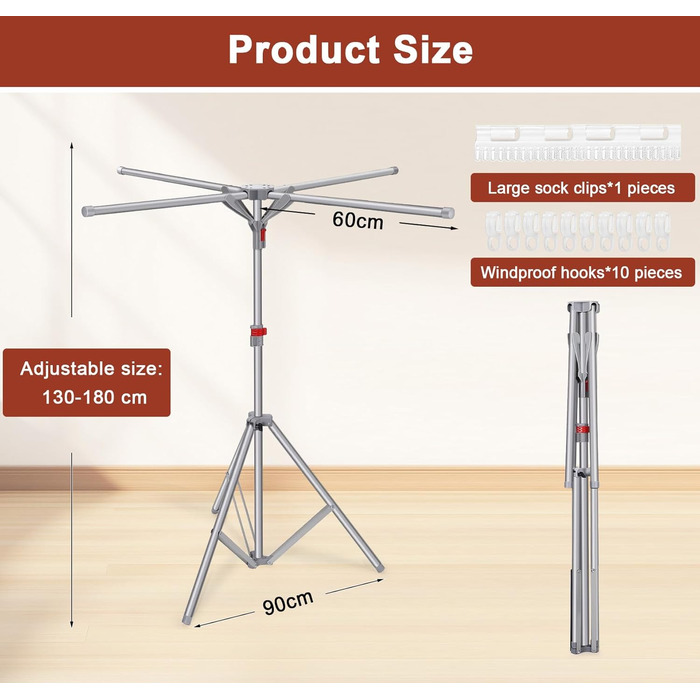 Розкладна сушилка для білизни Standtrockner з 4 крилами, 10 гачків та кліпсою для шкарпеток. Регульована висота, для дому, балкону, кемпінгу (сірий)