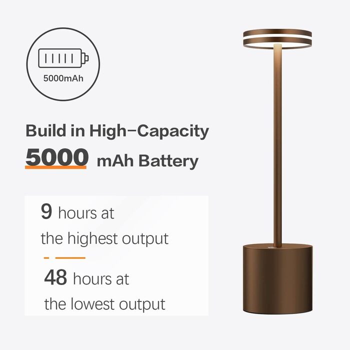LED настільна лампа Bravzurg бездротова, акумуляторна, 5000mAh, диммування, 3 колірні температури, USB, сенсорне керування, для дому та вулиці, настільна/письмовий стіл (2 Коричневий)