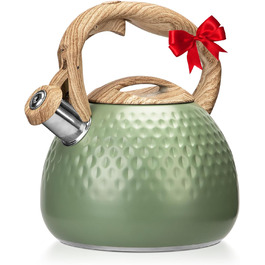 Чайник для заварювання чаю Teekessel 2,7 л з емальованим покриттям зеленого кольору з імітацією дерева, з носиком, з нержавіючої сталі, антижаровий ручка оливкового кольору