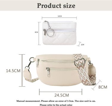 Жіноча сумка через плече з відділенням для дрібних грошей, шкіряна бананка, середнього розміру, з широким регульованим ремінцем. Ідеальна для фестивалів, подорожей та повсякденного використання. Білий колір.