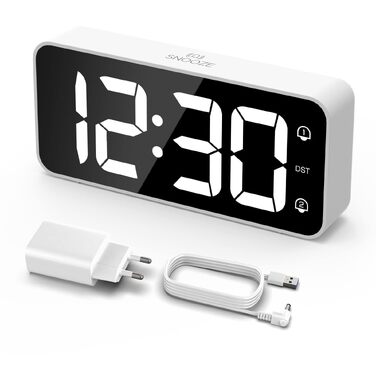 Цифровий LED будильник LATEC з 2 сигналами будильника, функцією Snooze, USB-портом для зарядки, регулюванням яскравості та гучності (90-120 дБ), 8 мелодій, формат 12/24г, мережевий, білий