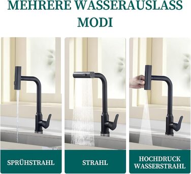 Кухонний змішувач водопровідний висувний з душем, 3 режими, 360° поворот, чорний, нержавіюча сталь