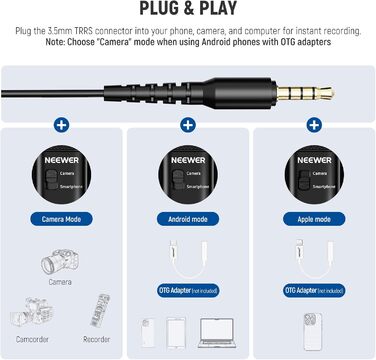 NEEWER Мініатюрний USB-C Лавалерний Мікрофон 2 шт. для iPhone 16 15 Pro Max, Android, Телефонів, Планшетів, ПК, з кабелем 2м (CM10 з 3.5mm TRRS штекером)