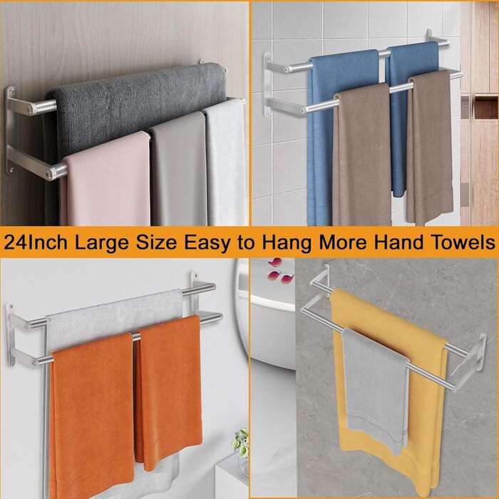 Тримач для рушників на стіну, 60 см, нержавіюча сталь, для ванної кімнати, спальні, кухні, щітковий нікель