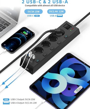 Мережевий фільтр Steckdoseleiste з індивідуальним керуванням, 5 розеток, настінний монтаж, захист від перенапруги 1050 Дж, для дому та офісу, кабель 2 м (4 розетки з USB, чорний)