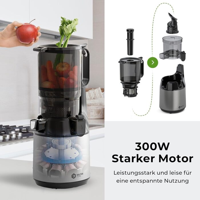 Balter Slow Juicer, Large 108mm Opening, 250 Watts, Juicer for Vegetables and Fruits, Fruit Press, BPA Free, Quiet