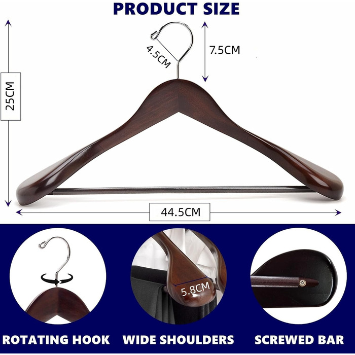 Amber Home 10-Piece 44.5cm Retro Wooden Clothes Hangers with Wide Shoulders (5.8cm), Robust and Glossy Antique Brown Hanger with Round Bar for Suit, Jacket, Coat, Shirt, Pants
