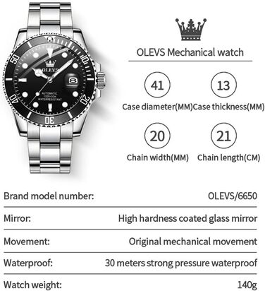Чоловічий механічний годинник OLEVS зі скелетоном, автоматичний водонепроникний наручний годинник, сріблясто-чорний
