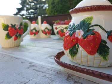 Dolomite sugar bowl with spoon, milk jug, and plate as a 3-piece set, with strawberry relief, size approx. 19 x 10.5 cm, 12