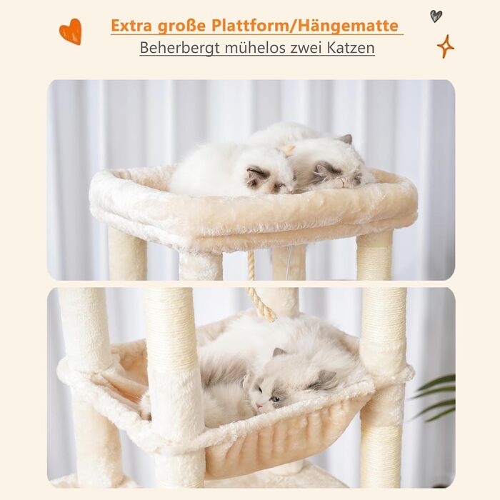 Драбина для котів Heybly Kratzbaum з лежаком, печерею та великими платформами, 50 x 50 x 153 см, бежева HCT050M