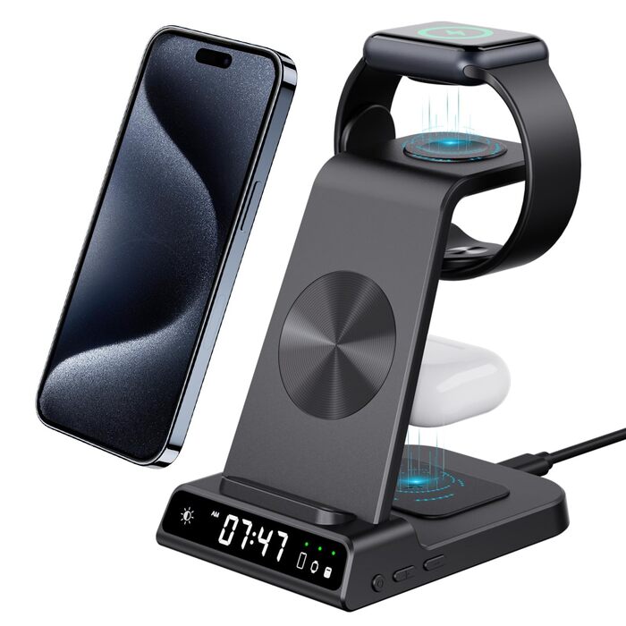 Зарядна станція 3-в-1 для Apple Watch та iPhone: Бездротовий зарядний пристрій з цифровим годинником, сумісний з iPhone 17/16/15/14/13 та iWatch 10/9/8/7/6/SE, AirPods 4/3 - Чорний