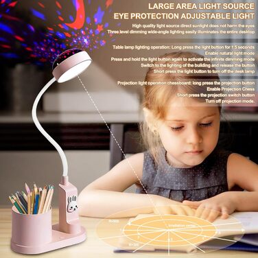 Дитяча LED лампа на стіл Kinder з тримачем для олівців, регульована, з проекцією зірок, 360° повертання, для дитячої кімнати (рожева)