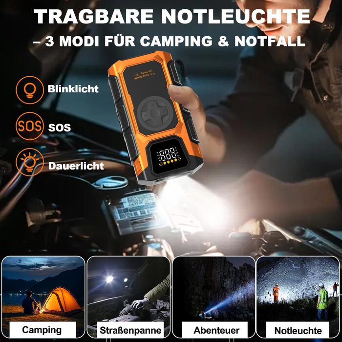 Powerbank для автомобіля Starthilfe 6000A з компресором 150PSI, 12V, для бензинових та дизельних авто (до 10л), QC3.0, LCD, ліхтарик