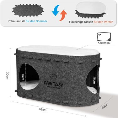 Cat Cave Felt Cat Bed, Cave Cat House for Indoor Cats, Cave with 2 Soft and Warm Cushions, Winter-Proof, Protects Cat Claws, 58W x 33D x 30H cm, (Dark Grey)
