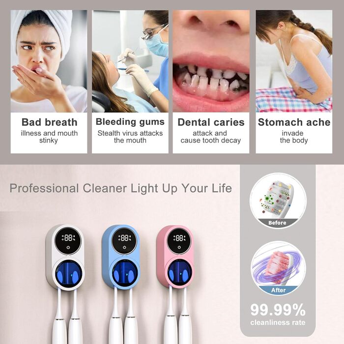 Biodzzs Wall-Mounted Toothbrush Holder and Cleaner, Smart Light Cleaning and Fan Drying, Automatic Rotating Cover, Toothbrush Case with Digital Display, Portable, Blue