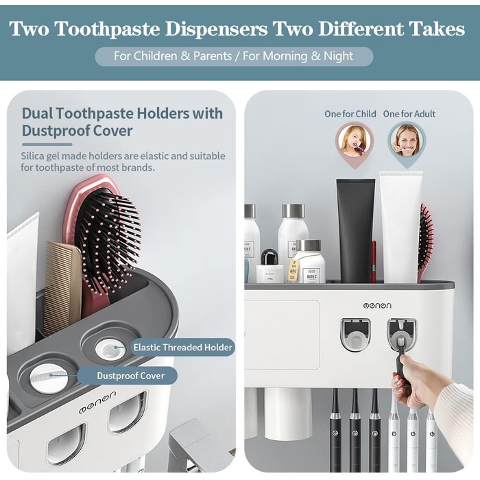 Тримач для зубних щіток настінний з автоматичним дозатором пасти для дітей та дорослих, 6 відділень для щіток, 2 магнітні стаканчики, сірий
