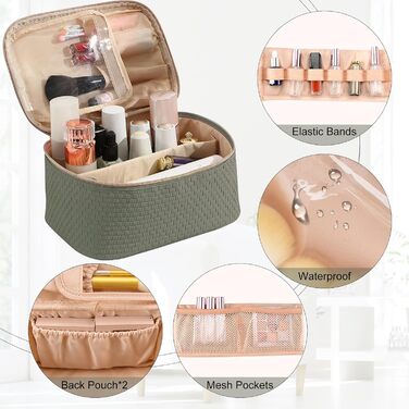 Жіноча косметичка для подорожей, водонепроникна, з відділенням для пензлів, з PU шкіри, велика, зелена (матічас)