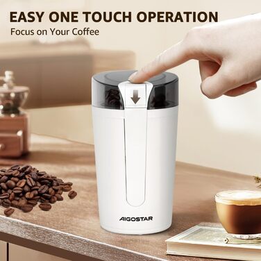 Електрична кавомолка Aigostar Blanche з регулюванням ступеня помелу, BPA Free, 60г, 200W, біла