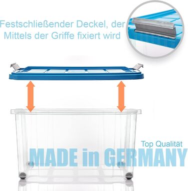 BigDean 4-Piece 60L Storage Boxes with Lid Large Steel - Stackable, Robust Box BPA-Free - Rollable Storage Box with Secure Click Closures - Made in Germany (Blue)