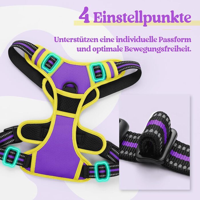Нагрудник для собак Rabbitgoo середнього розміру, анти-тяга, регульований, для великих собак, дихаючий, зі світловідбиваючими смугами, безпечне керування, L (фіолетовий+жовтий, упаковка з 1 шт.)