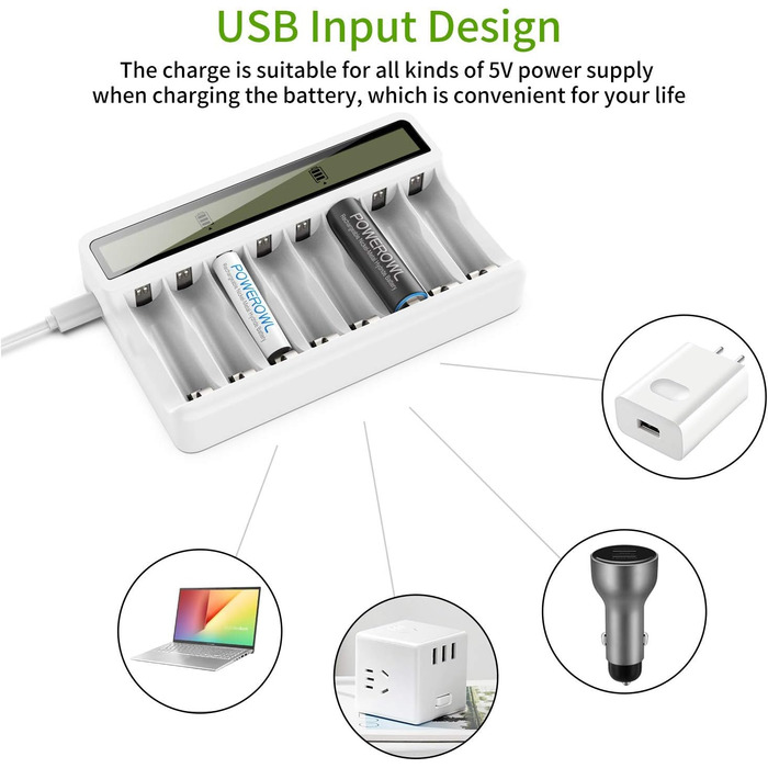 Зарядний пристрій Powerowl з LCD екраном для акумуляторів NI-MH NI-CD AA AAA (Micro-USB, незалежний слот), білий