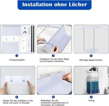 Тримач для рушників без свердління, висувний, з полицею, самоклеючий, для ванної кімнати, 38-75 см, білий