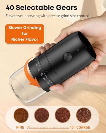 Електрична кавомолка Pawfly з керамічним жорном, 40 ступенів помолу, функцією Auto-Stop та щіткою для чищення. Професійна модель для подорожей та кемпінгу
