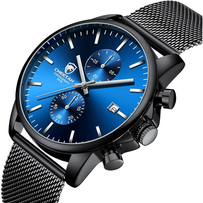 Чоловічий годинник, спортивний, кварцовий, аналоговий, чорний mesh-браслет, нержавіюча сталь, водонепроникний, хронограф, автоматична дата (чорний-чорний-синій)