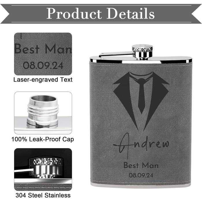 Набір фляга з гравіюванням гір, фляга з нержавіючої сталі 237мл/8oz, персоналізований подарунок на день народження для чоловіків, кемперів, туристів (сірий)