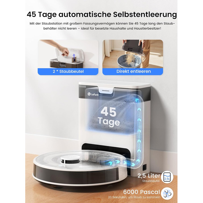 Робот-пилосос LEFANT M2 Pro з потужністю 6000 Па, автоматичною витяжкою сміття, лазерною навігацією та картографією, індивідуальним прибиранням, уникненням перешкод PSD, ідеальний для видалення шерсті тварин, білий