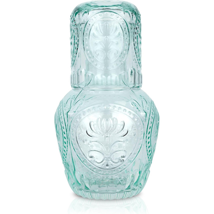 Curator Home Vintage Nightstand Water Carafe and Glass Set - 750 ml Capacity - Elegant Glass Jug for Water, Juice, or Wine - Stylish Home Decor for Kitchen or Dining Room (Light Blue)