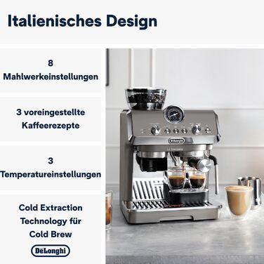 De'Longhi La Specialista Arte Evo EC9255.T Semi-automatic espresso machine with grinder, cold brew function, 8 grind settings, 15 bar, 3 temperatures, milk frothing wand, titanium finish, including barista kit. With Cold Brew function, espresso machine, titanium.