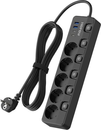 Мережевий фільтр 9-в-1 з індивідуальним вимикачем, 5 розеток, 4 USB-порти (3680W, 16A), захист від перенапруги 1050 Дж, настінний монтаж, 2 м кабель - для дому, офісу та подорожей, чорний
