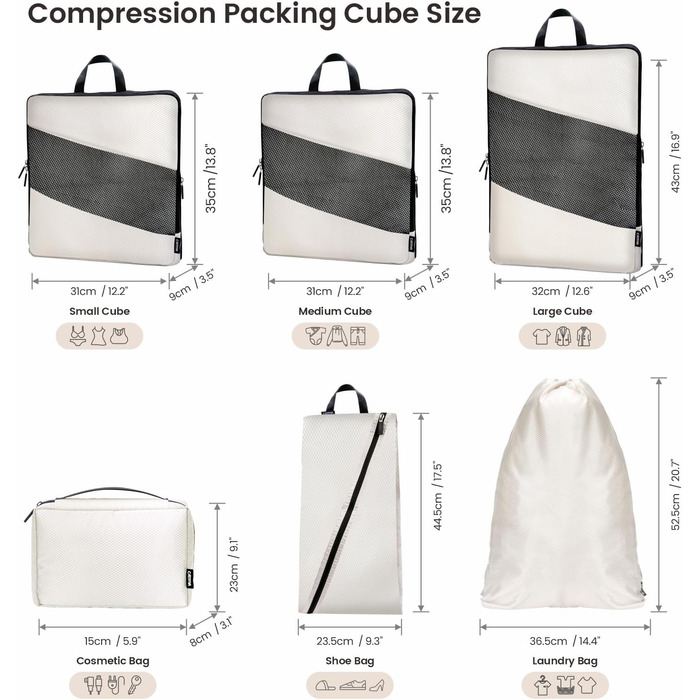 Набір органайзерів для валізи з компресією, 6 шт. - Кубики для пакування одягу, білий (Elfenbein) - Організація багажу в дорогу