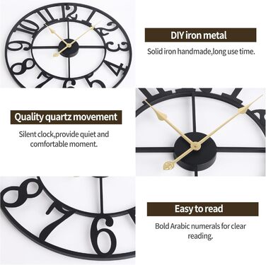 Maxstar Modern Roman Numeral Large Wall Clocks, Non-Ticking Round Metal Silent Vintage Wall Clock for Living Room, Kitchen, Bedroom, Garden Decor - Gold (Black Arabic, 40CM)