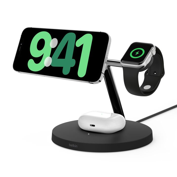 Belkin BoostCharge Pro 3-в-1 Бездротовий зарядний пристрій MagSafe для iPhone 13, Apple Watch та AirPods (15W, Чорний)