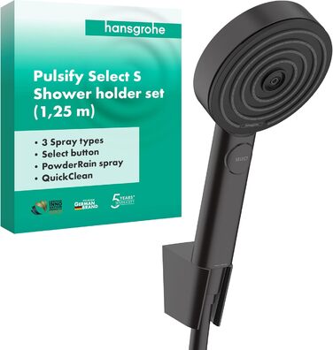 hansgrohe Pulsify Select S - Shower Set with Showerhead (3 spray patterns including PowderRain), Shower Hose (1.25 m) and Showerhead Holder, Matte Black, 24302670